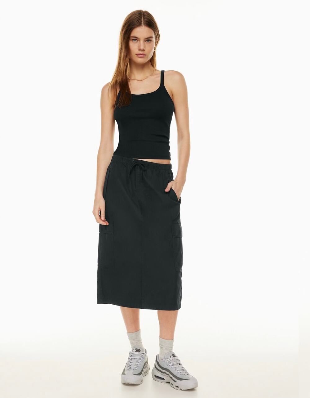 TNA Aritzia Squad Cargo Midi Skirt Black XS Drawstring Utility Pockets
